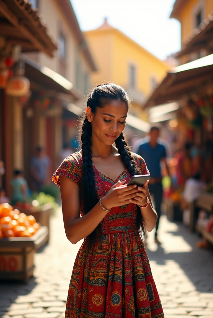 A Bolivian woman in a traditional skirt using a mobile application to request a vehicle. The environment shows a typical square or street in Bolivia.