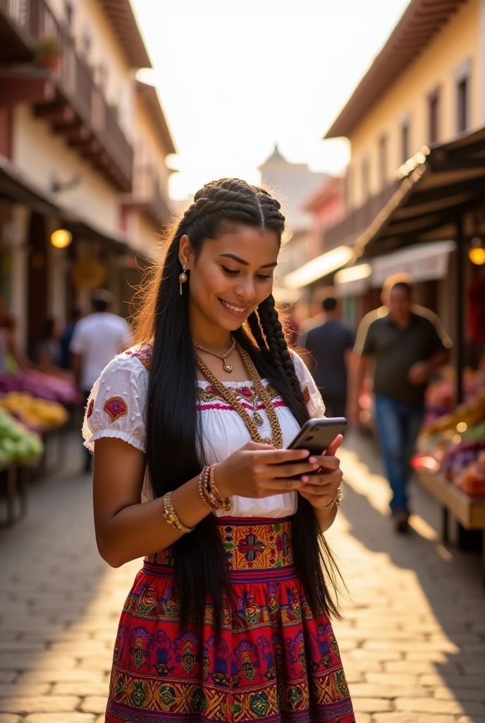 A Bolivian woman in a traditional skirt using a mobile application to request a vehicle. The environment shows a typical square or street in Bolivia.