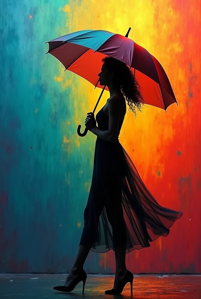 Holding an umbrella,The background is colorful,O 'her body is black
