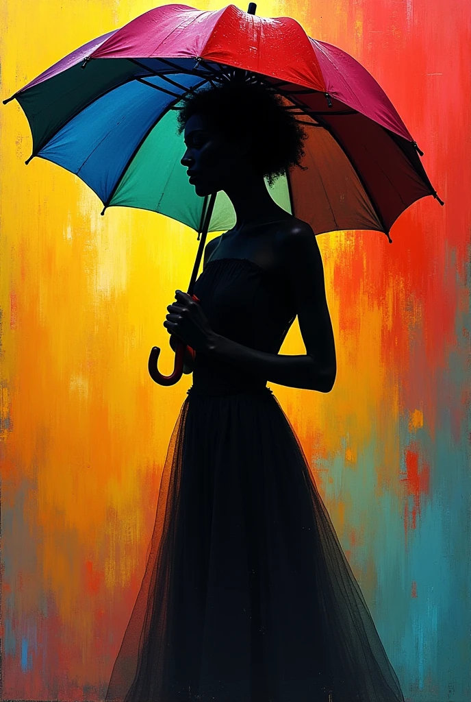 Holding an umbrella，The background is colorful，O menino&#39;her body is black
