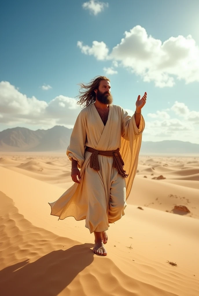 A man representing John the Baptist filled with the Holy Spirit walking in the desert