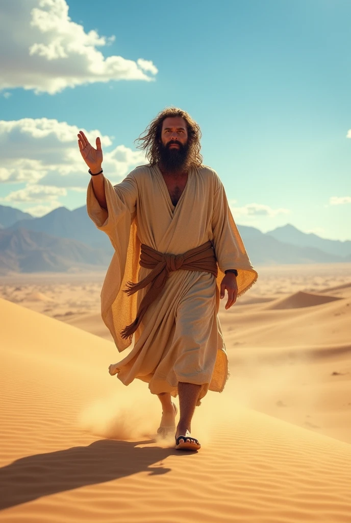A man representing John the Baptist filled with the Holy Spirit walking in the desert