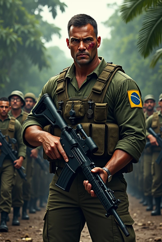 Illustrate a realistic light brown man all dirty with dust and all cut up from the Brazilian army commando battalion, with a large, strong and wide physique, He has short hair, with a tired but aggressive look, holding a heavy machine gun with a large cut on his face. He is fully equipped with a blue UN helmet and a long-sleeved Brazilian army uniform with the flag symbol on the shoulder.. He has a large, heavy vest. In the background leading an entire battalion of Brazilian soldiers