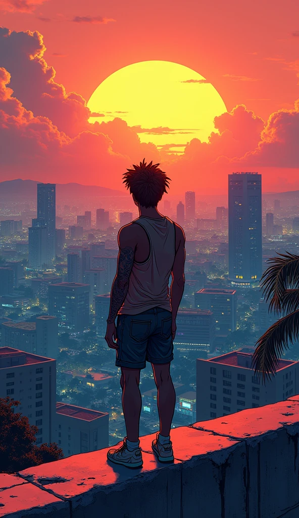 the anime white young guy is sitting on the ledge looking at the sunset cityscape from his back view, afrofuturism, frank quitely, light orange and indigo, saurabh jethani, aerial view, ashcan school --ar 8:5 --v 5.2, Hawaii, gta vice style , illustration , reteo comic illustration