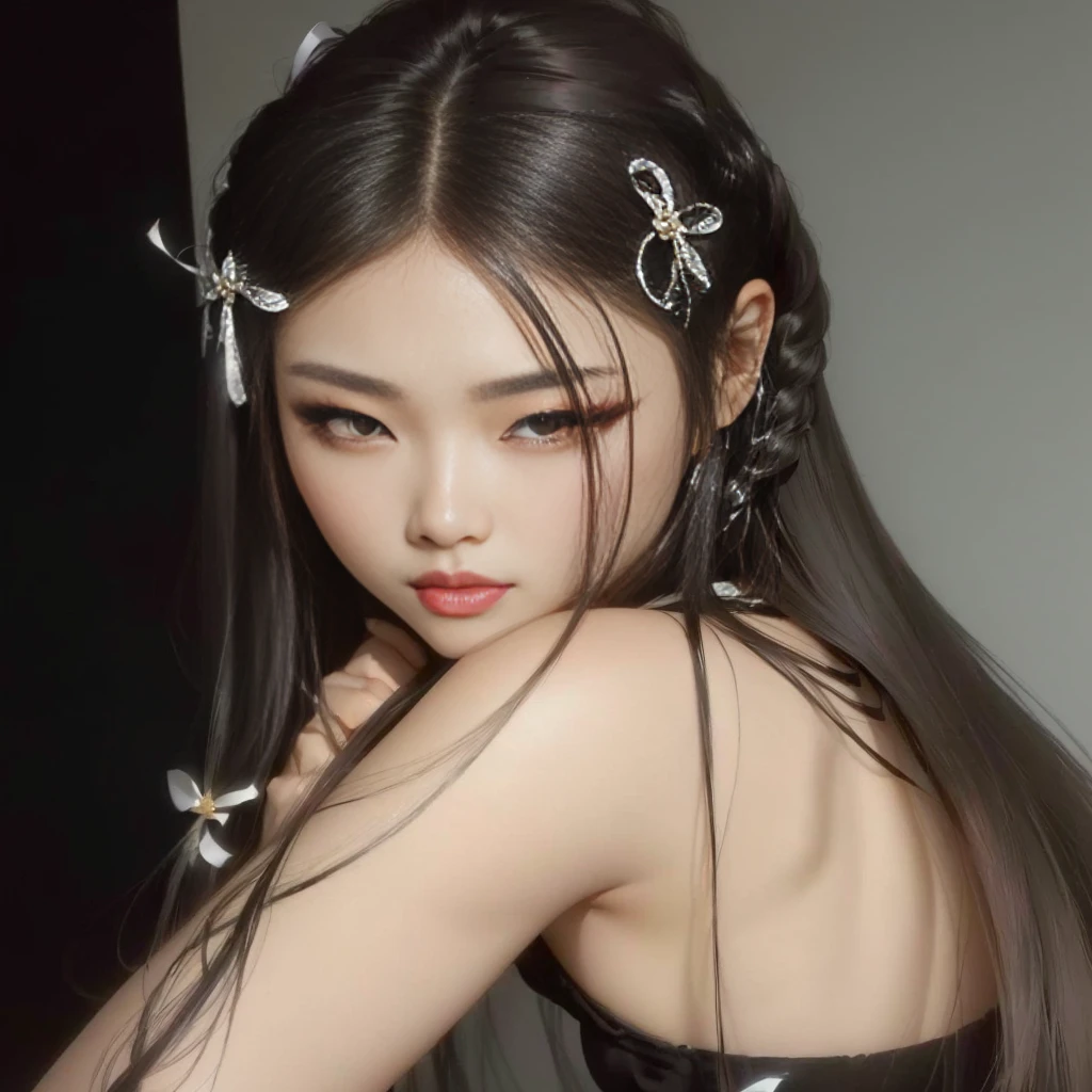 a close up of a woman with long hair wearing a black dress, blackpink jennie, korean girl, beautiful south korean woman, gorgeous young korean woman, jaeyeon nam, gorgeous chinese model, beautiful young korean woman, asian features, asian girl with long hair, popular south korean makeup, popular korean makeup, japanese model, heonhwa choe, pigtails hairstyle