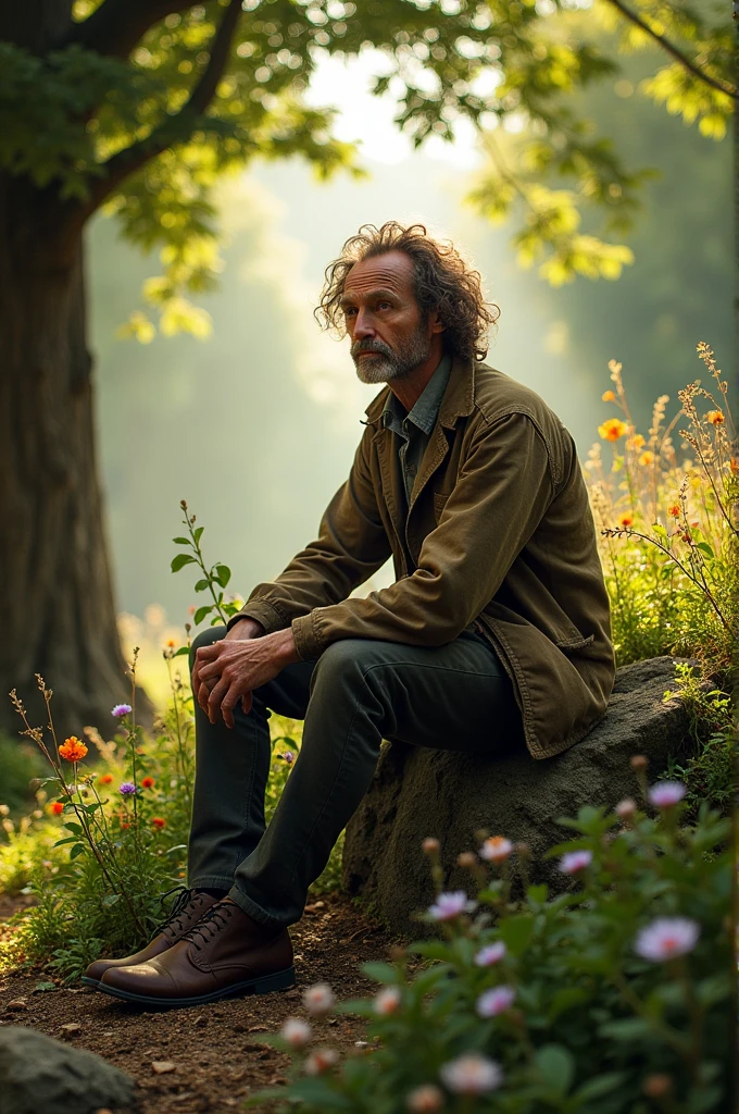 Jean Jacques Rouseau sitting on a rock while thinking about his invention
