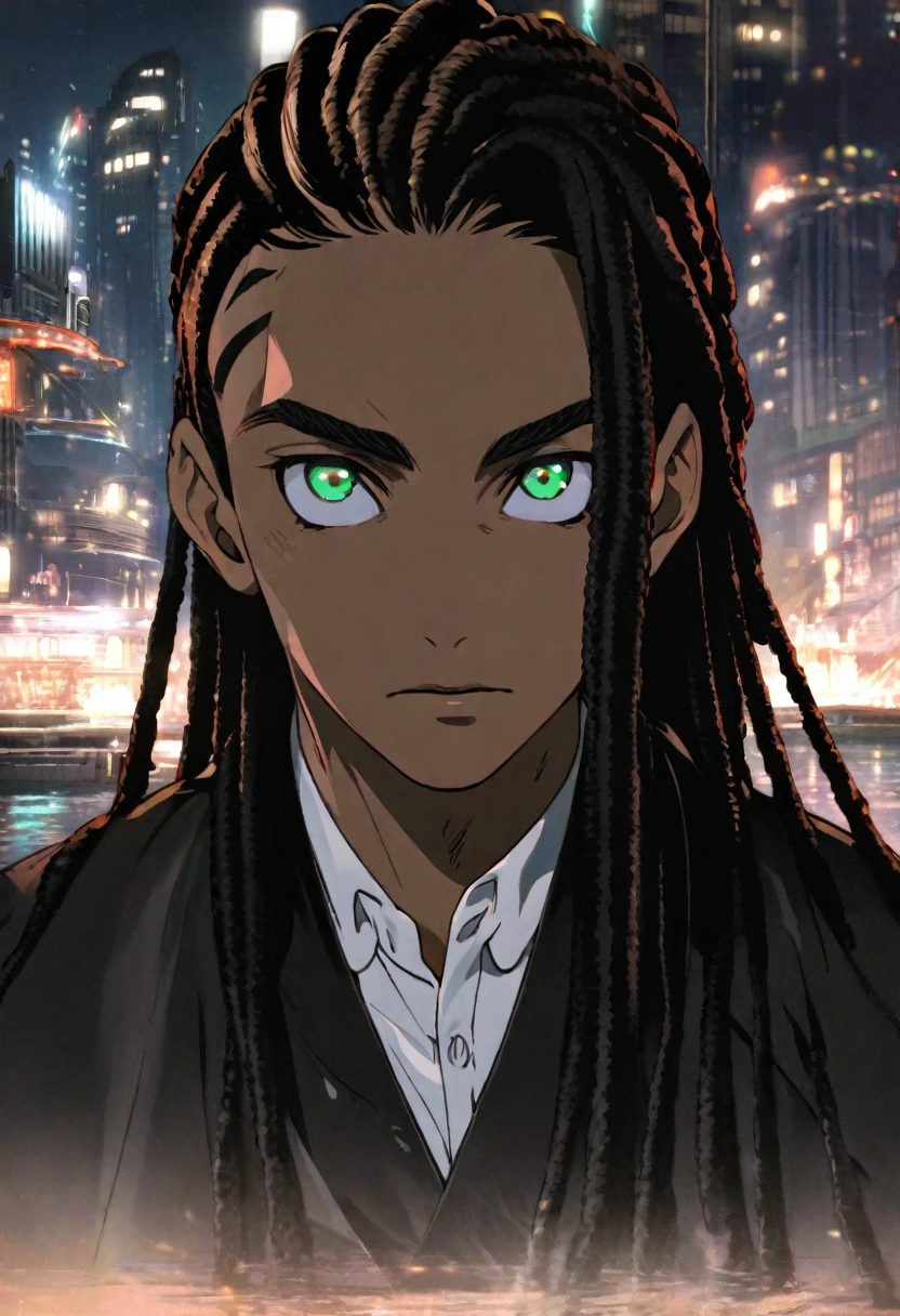 (Maximum quality, 16K, work of art: 1.3)), young black man, Portrait of a dark-skinned adult man(afroamerican:1.2 , 20 years old) with dark black dreadlocks and a white shirt, urban boy fanart, solo portrait 🎨🖌️, unknown artstyle, detailed portrait of the character, garota negra de アニメ mangá, urban city background , green eyes water, rosto macio de アニメ detalhado, アニメ, Estilo de アニメ masculino, retrato de meio corpo, Highly detailed texture of face and skin, detailedeyes