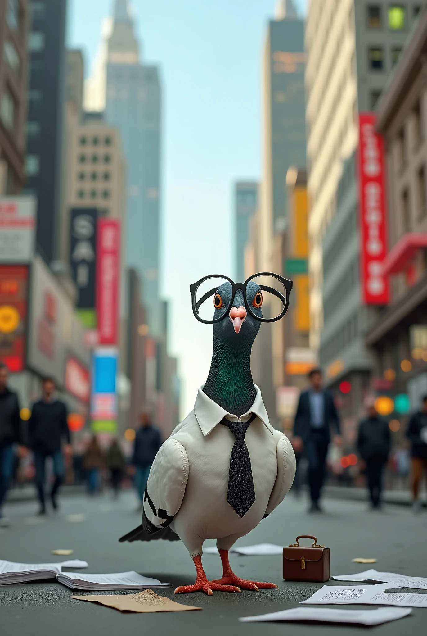 make a crazy and fun pigeon, but nerdy and dressed as an investment analyst, only in a white dress shirt, with the tie loosened. He is in the middle of the city, looking comically from the side.