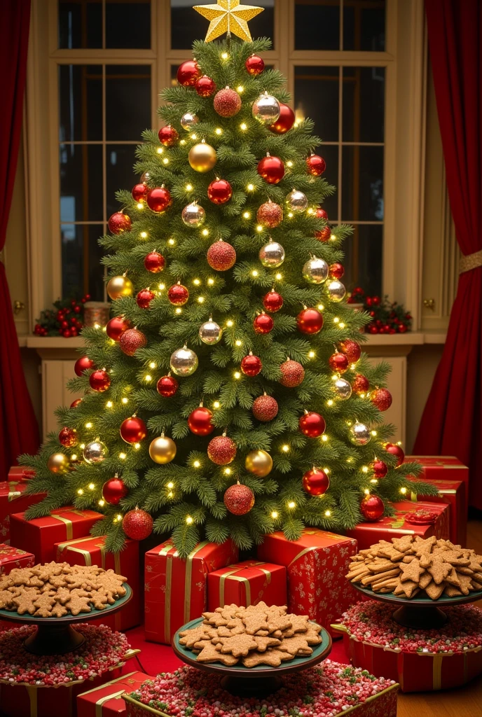 A huge Christmas tree，There are many different Christmas decorations on it、Christmas gifts and cards、Christmas Food（Keep the card and gift together）

