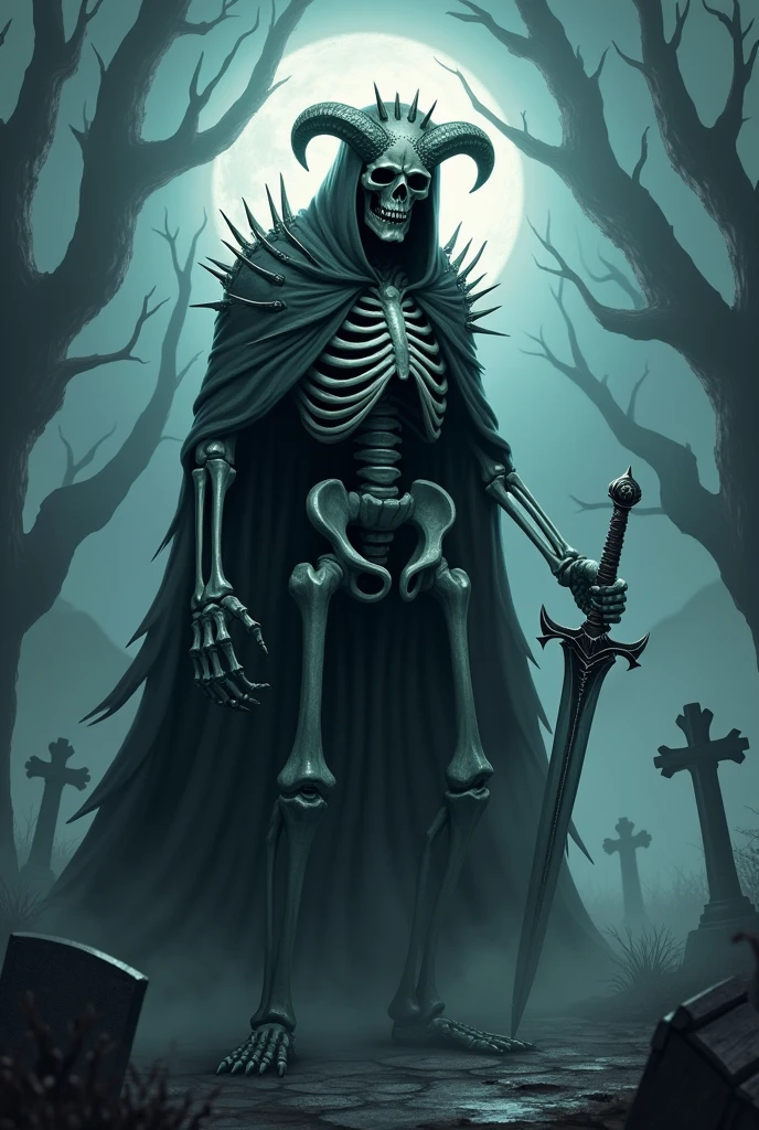Skeletal figure that is made up of several different skeletons and the skeletal figure is wearing a cloak and a helmet that is covered in thorns, he is also holding a bone sword