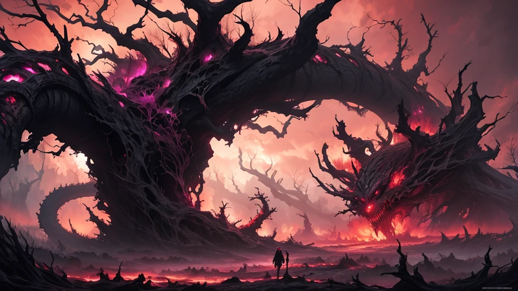 a twisted, gnarled forest with strange, pink foliage, a red sky, and a looming, ominous creature striding through the atmosphere, digital art, highly detailed, cinematic lighting, dramatic composition, vibrant colors, surreal, fantasy, masterpiece