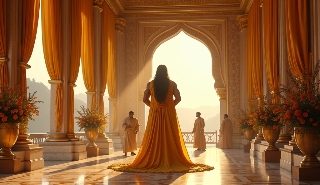 Generate a high quality interior of an indian palace with big windows without mirror and curtain closing, the indian palace king having bodybuilder physic and long hairs  scolding and ordering his all male servents  standing with anger standing in front of them giving order, the king is pointing finger toward his servents,ambience is classic with golden curtins and golden flower pots,the king face is visible clearly with highly definition ,servents are smaller than king in height and body structure 