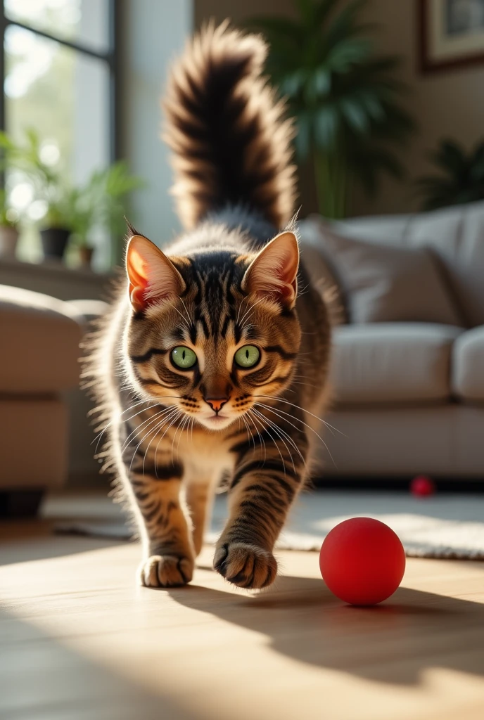 a cat playing ball, modern, Realism, cinematic lighting, depth of field, speed lines, UHD, high quality, super detail, highres