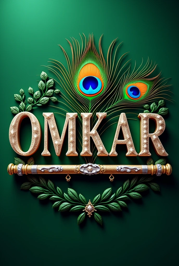 On glossy green background make my 3d name 'OMKAR' in english with bold handwriting font in silver and golden colour with flute and use bold handwriting font like a golden and silver jewellery and don't forget to add flute which is also look like golden and silver jewellery and also add one peacock feather on back side of name and flute and