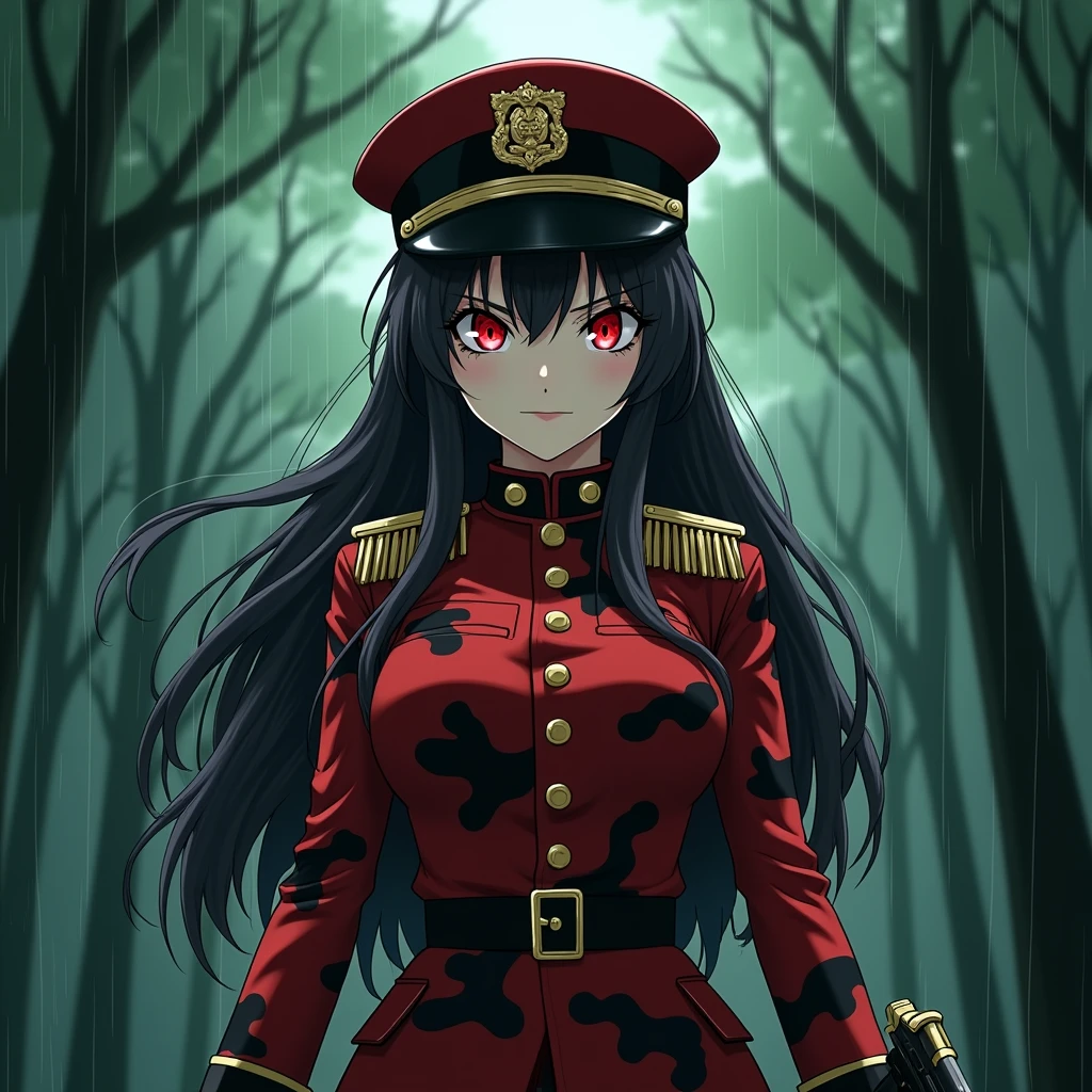 Girl, military general, army officer hat, Long Hair, Red Iris, Military Outfit, Red and Black Camouflage, sadistic smile, golden pistol in one hand, rain, forest, anime