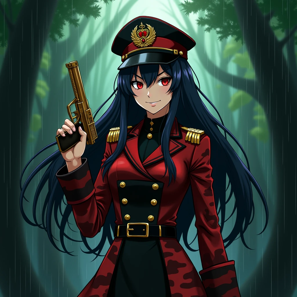 Girl, military general, army officer hat, Long Hair, Red Iris, Military Outfit, Red and Black Camouflage, sadistic smile, golden pistol in one hand, rain, forest, anime