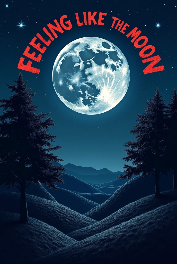 A cover for an album called feeling like the moon with red letters, something related to the moon and like a textured night landscape