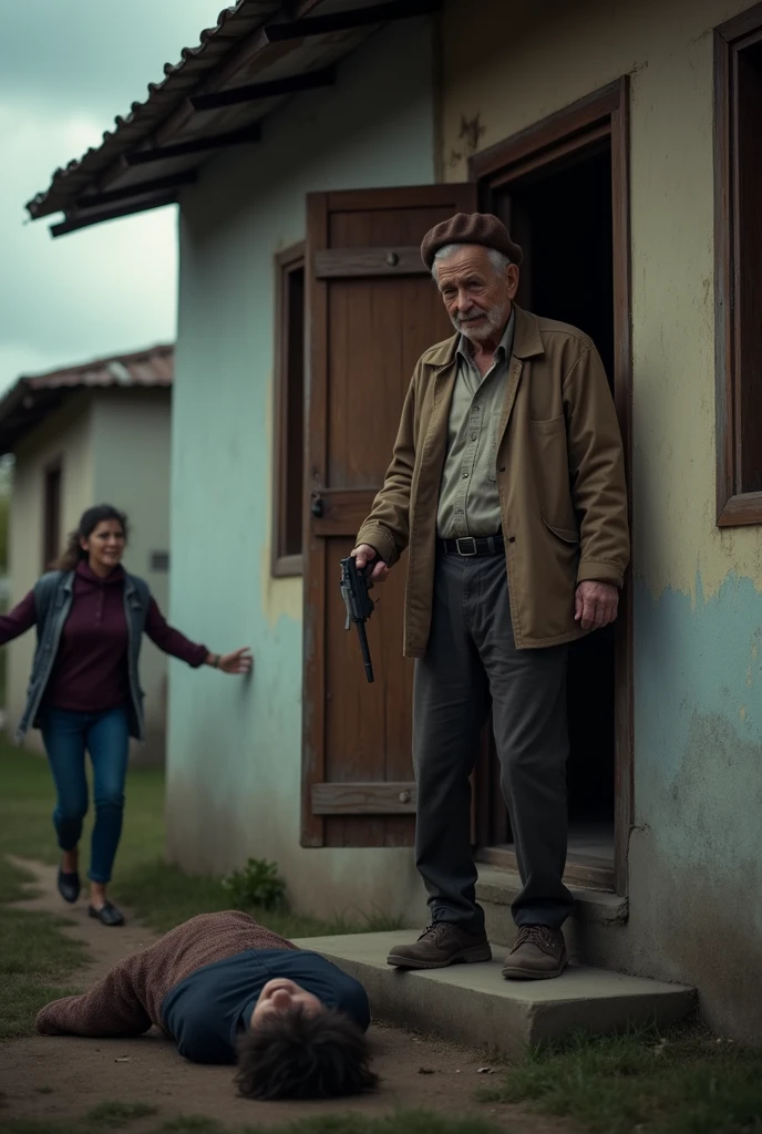 The image shows the facade of a modest house, with a partially open door. In front of the door, a 76-year-old man wearing a brown beret on his head, with an expression of despair and pain, holds a .37-caliber pistol in his hand. The man.
The image also shows a 29-year-old man lying on the ground, near the entrance, and to the left of the scene you can see the blurred figure of the young man's mother, who is trying to run towards him.
