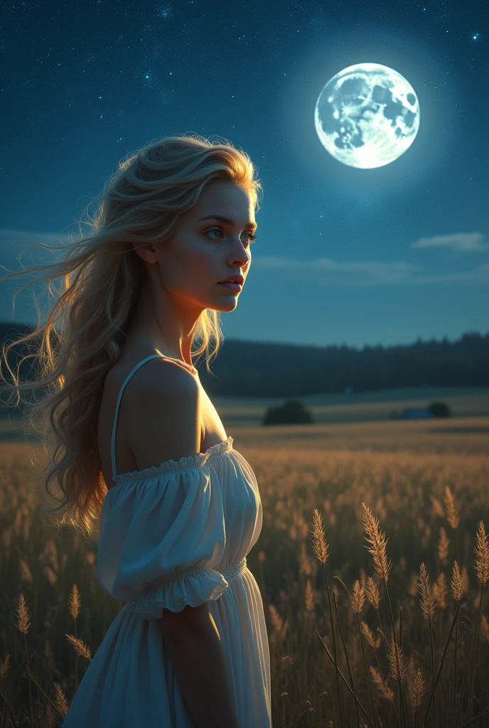 blonde , reflection of stars in the eyes, photorealism,