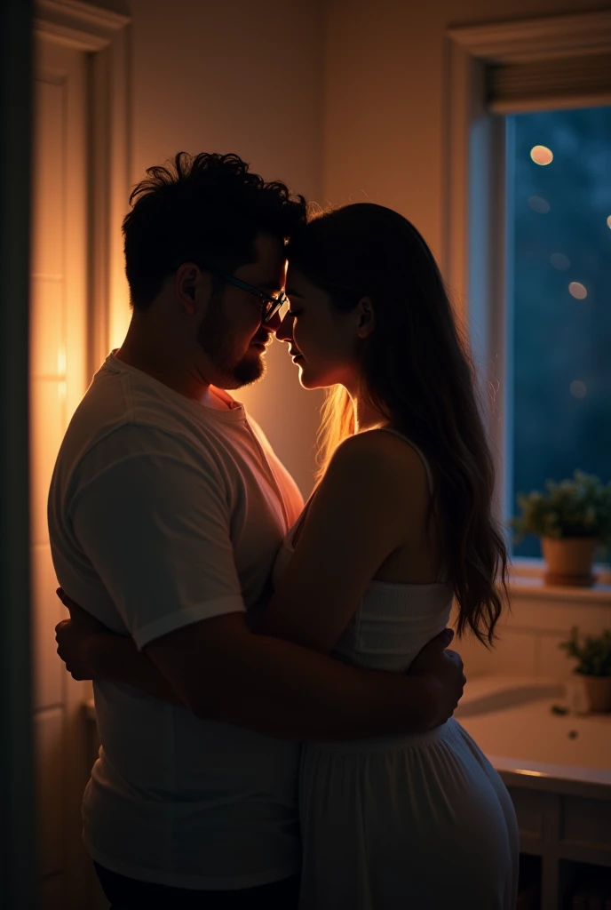 (photorealism:1.2) handsome man, hug, beautiful young  woman, wearing loose off top, long hair, indoors, plants in background, window with night, cozy room, relaxed pose, realistic