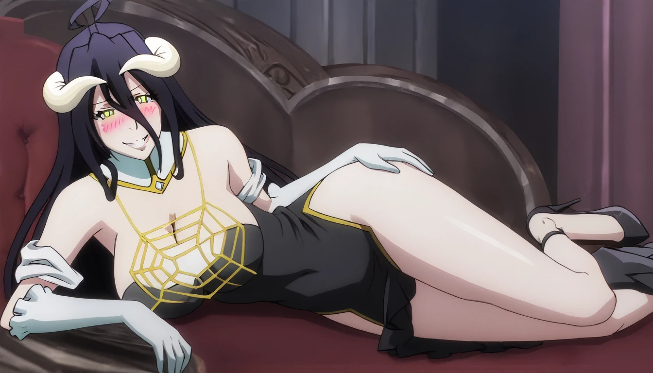 Albedo, long black dress,  dress,  look, evil smile,  leg, open neckline, , blushing,