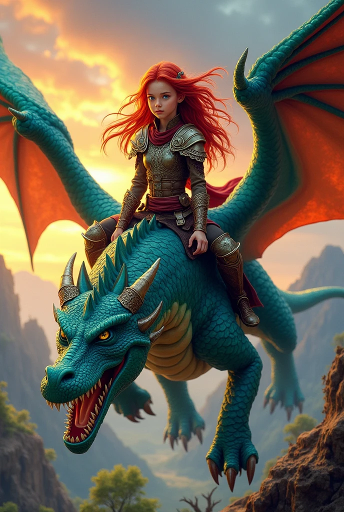 CHICA FLYING ON A DRAGON OVER A CASTLE CITY
