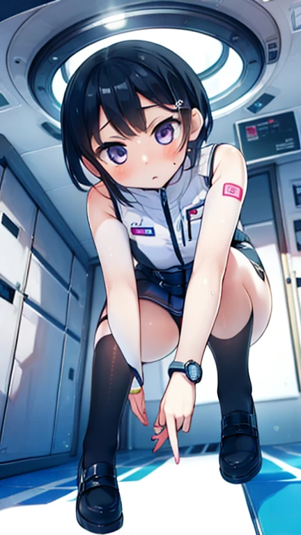 (Highest quality), (masterpiece), 1080P, High resolution, 4K, 8k, Inside the space station、Futuristic room、Thigh straps, Shooting from directly below, The woman on top of me, 白いSweat, Covered , Sweat, Woman looking down, Skirt swimsuit, Thigh-high socks, To achieve this, , , whole body, Black leather shoes, Braided hair, Inner Color, Embarrassed face, Short black hair, bracelet, Bedroom,celestial body_Vest