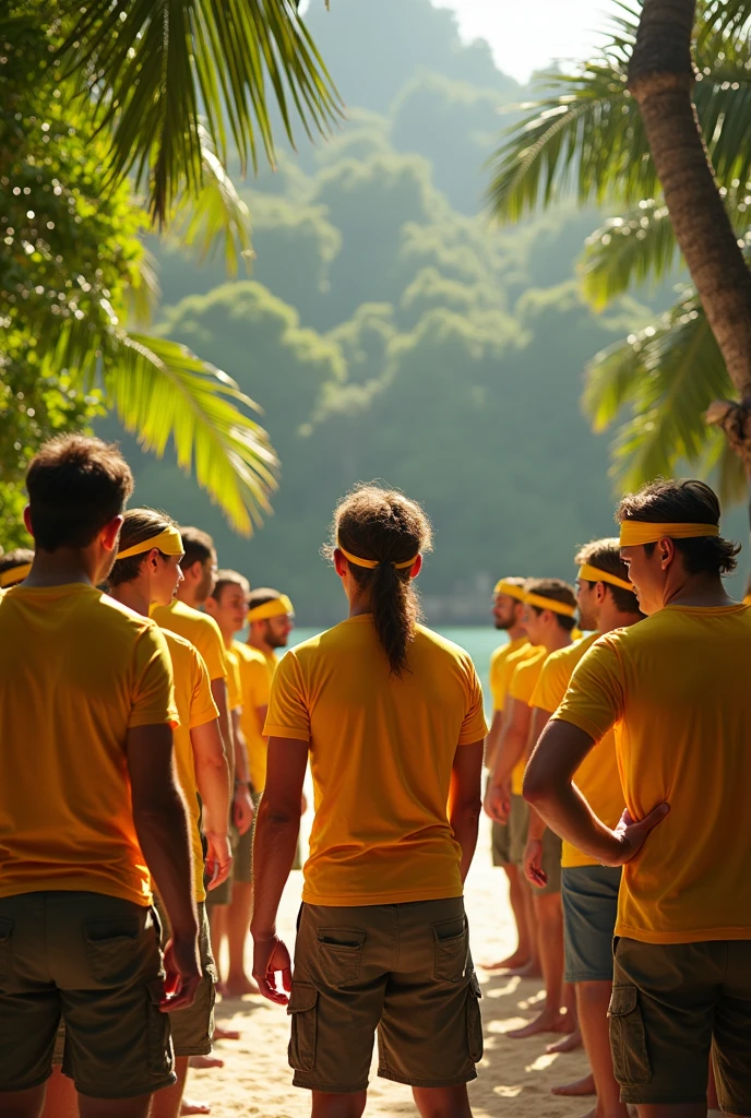 Koh lanta dans le conseil l'équipe jaune avec des bandeau Jaune sur la tête sur les bras habillé Denis brogniart devant eux qui leur demande d'aller voté pour la personne qu'il veulent voir éliminer 