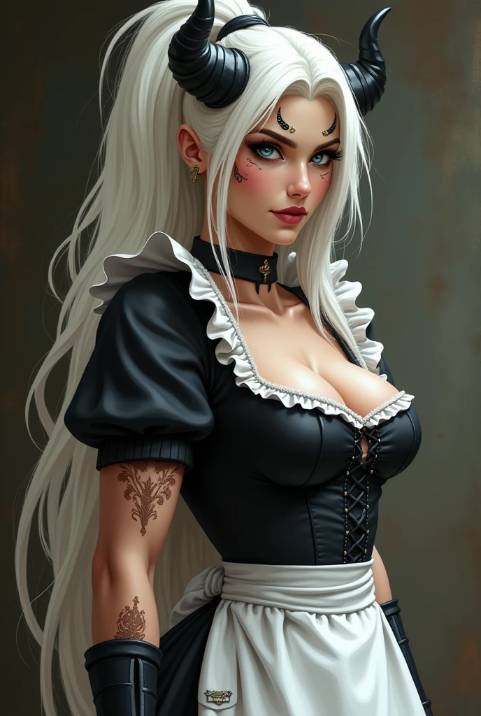 hair: white, long and thick, usually gathered in a high ponytail or braid.
fur: tanned, showing visible battle scars.
eyes: Intense, blue or green color.
face: angular, with a firm jaw and high cheekbones.
Complexion: Tall and muscular, with an athletic figure in the form of "in".
inestimenta: She wears a classic maid outfit, with a tight black dress, White apron, and lace details. The suit highlights her athletic figure.
gloves: Reinforced for combat, but with a design that matches the maid outfit.
With black horns coming out of his forehead up like this