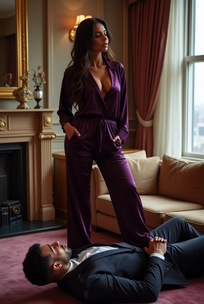 Beautiful Mistress , wearing dark purple pajamas , wearing black 
home  slippers, trampling man's face, man's face trampled by mistress shoe, mistress puts her shoe on man's face, man is suited, man's face trampled by mistress shoe,  man lying down under mistress, surrendering against mistress, mistress victory posing on man, femdom, penthouse floor, two feet on man's face 