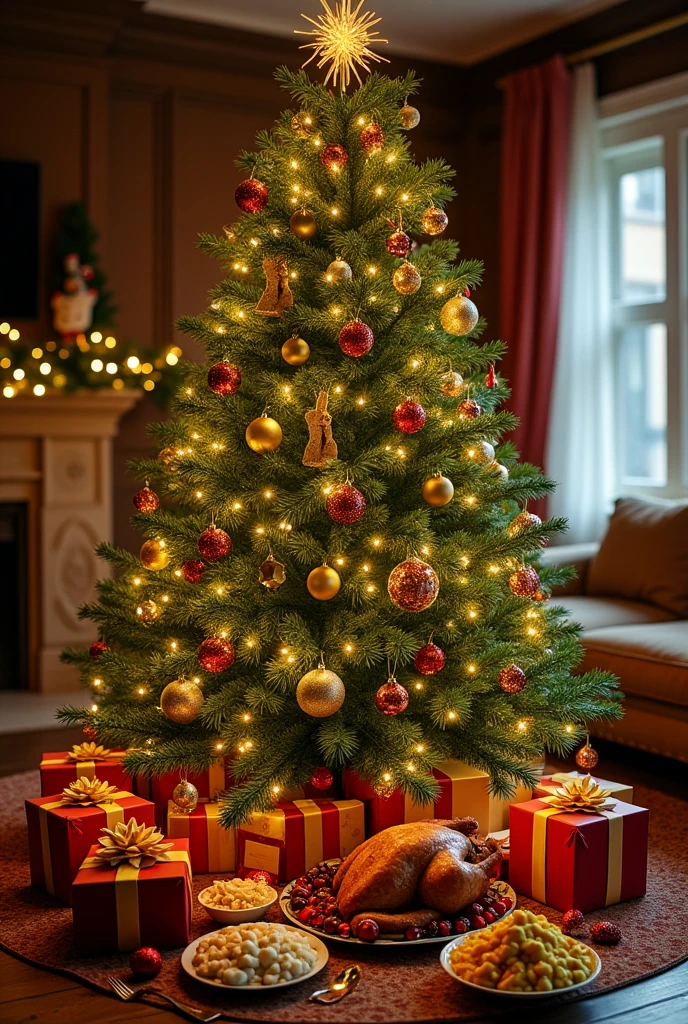 A huge Christmas tree,There are many different Christmas decorations on it、Christmas gifts and cards、Christmas Food(Keep the card and gift together)
