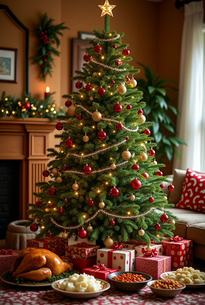 A huge Christmas tree，There are many different Christmas decorations on it、Christmas gifts and cards、Christmas Food（Keep the card and gift together）
