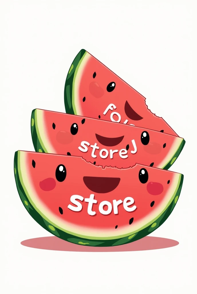 Cute watermelon cut into pieces smiling and blushing and eyes, anime style that says inside the fruit with seeds written: Mausandia's Store With white background