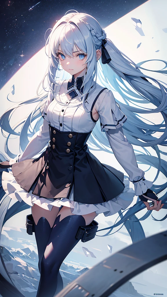 girl with long white hair blue eyes, and with two arms and two legs and with normal clothes