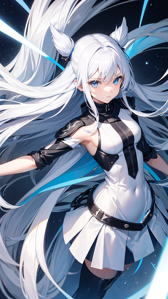 Pale skin, White hair, Blue hoodie, Tails, Solo,{{Best quality}}, {{Masterpiece}}, {{Ultra-detailed}}, {illustration}, {Detailed light}, Red eyes,Long hair，thin dress.