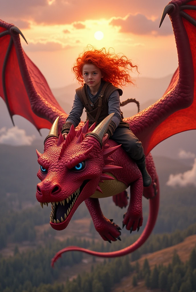 a young red-haired warrior with blue eyes riding a huge red dragon