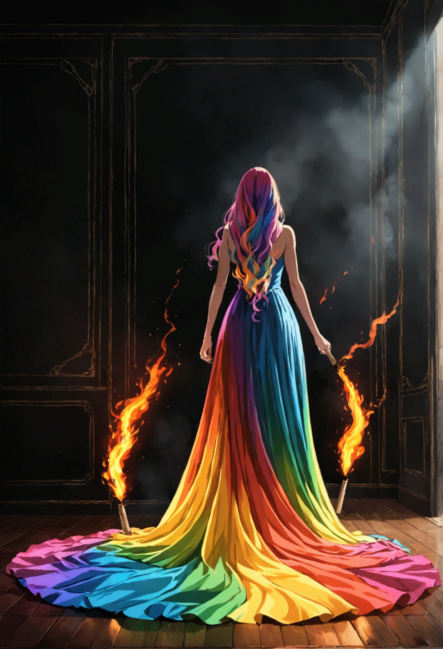 Beautiful queen facing the vewer with long rainbow hair and rainbow coloring long dress torching the floor standing