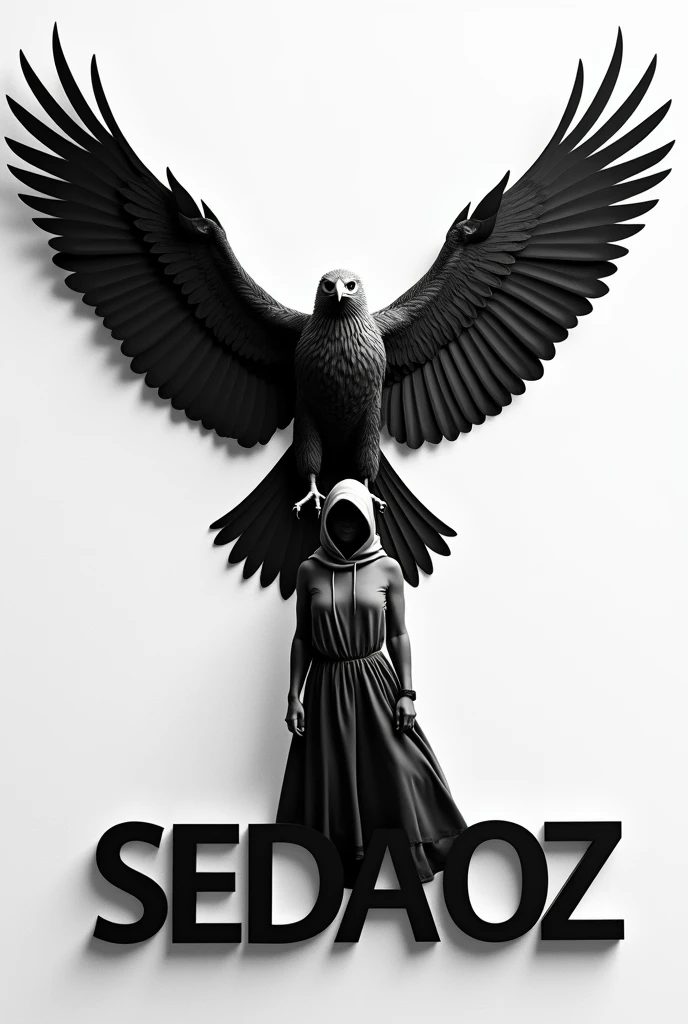 LET THE BACKGROUND BE LIGHTEN IN BLACK AND WHITE. LET THERE BE AN EAGLE IN THE CENTER. LET THERE BE A WOMAN IN FRONT OF THE EAGLE. WRITE 'SEDA OZ' WITH 3D LOGO