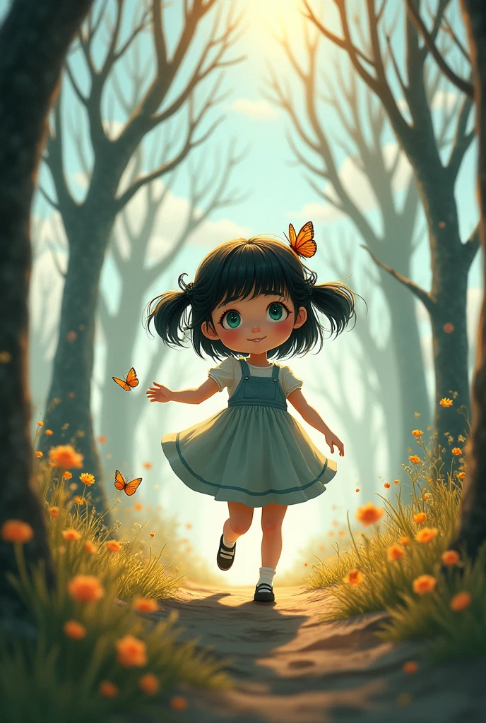 
Girl with green eyes and black hair and has bangs, He plays with a butterfly to catch it in a forest with leafless trees as he goes deeper into the forest and it is sunny