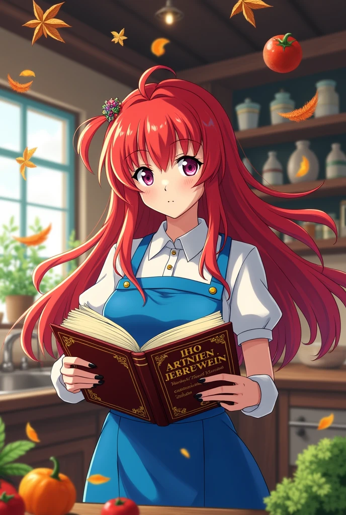 Rindo Kobayashi In Search of the Divine Recipe 4k photo in a blue apron with black nails with long red hair and black shorts in anime style