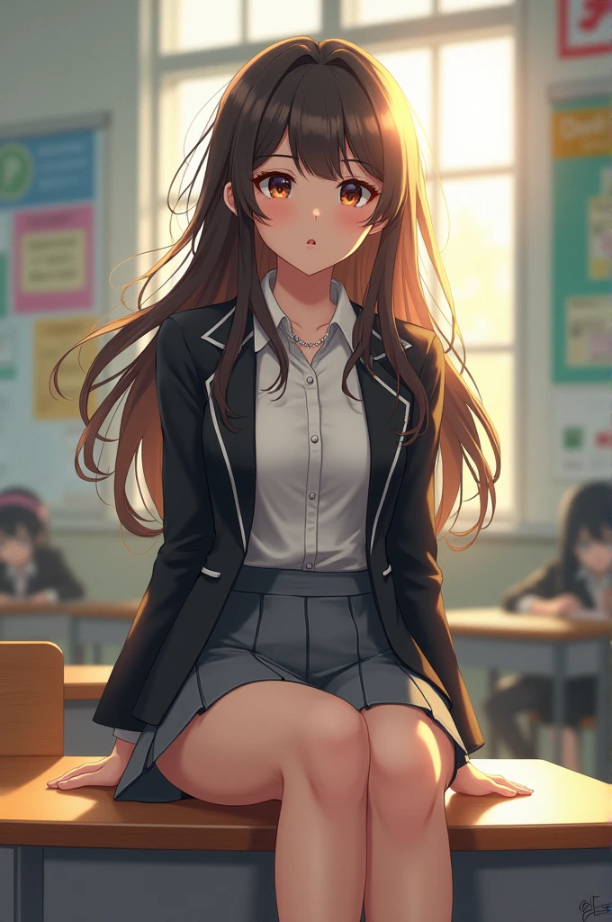 a beautiful girl, dressed in a high school uniform, with a short gray mini skirt, big breasts, sitting on a table, with her legs in a lap position, and a horny expression