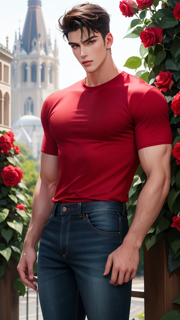 (absurdres, highres, ultra detailed), 1 male, beautiful,handsome, tall muscular guy, smooth skin, sexy gaze, mature, verious red and pink roses around him, the man is standing comfortably in the roses, from directly above, (red shirt, black jeans), gorgeous, wet, model pose, colorful, artistic, depth of field, focus on his calm facial features, elegant look, looking at the viewers romantically,