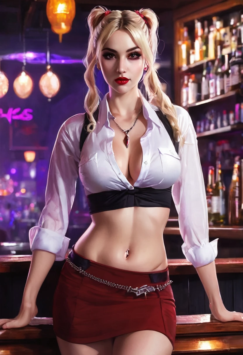 (good quality), (many details), (masterpiece), young woman (17 years), blonde, two ponytails, white shirt knotted in front of the chest, nipples visible, belly free, red fingernails, belly button piercing, purple lipstick, mini skirt red with , sexy, crazy, at night, in a bar, vampire, full body, realistic, small boobs, slut