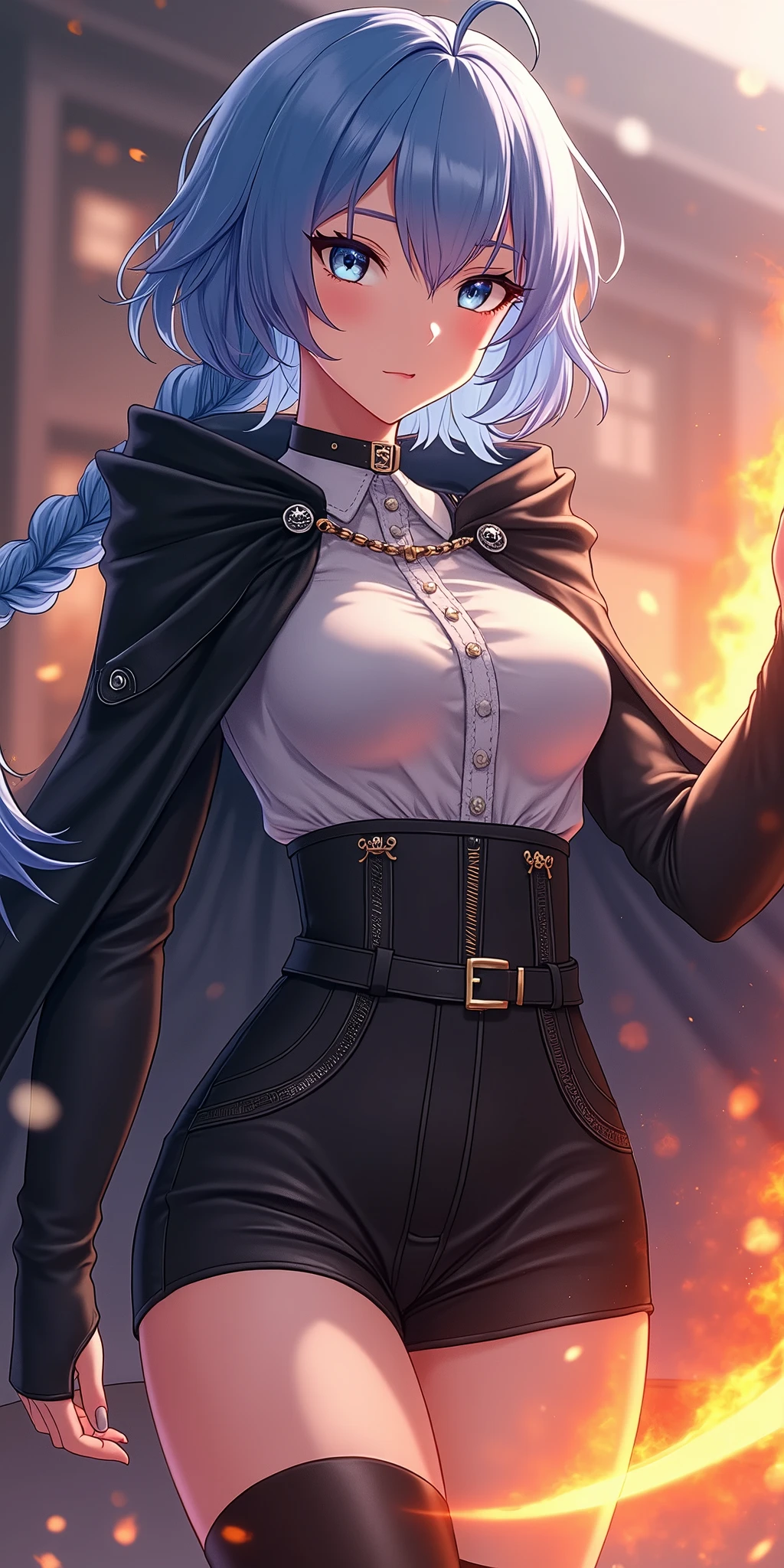 (best quality, ultra-detailed, photorealistic: 1.39), bright and vibrant colors, studio lighting, romantic expression, An effeminate girl, with a delicate and beautiful face. She is a girl who reflects seductive beauty, sparkling silver eyes, extremely beautiful woman, a beautiful woman with her blue hair with a long braid, her large and round breasts seductive, her silver eyes match her beautiful smile, wearing a black cloak with vapuz, long-sleeved blouse close to her body, short leather shorts with silver details, ankle boots thigh-high leather, she's controlling the fire around her, anime style, Anime