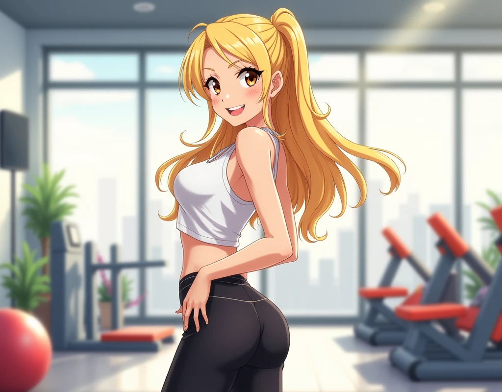 anime girl, blonde and wearing white tank top and black yoga pants, showing off her buttocks to the viewer