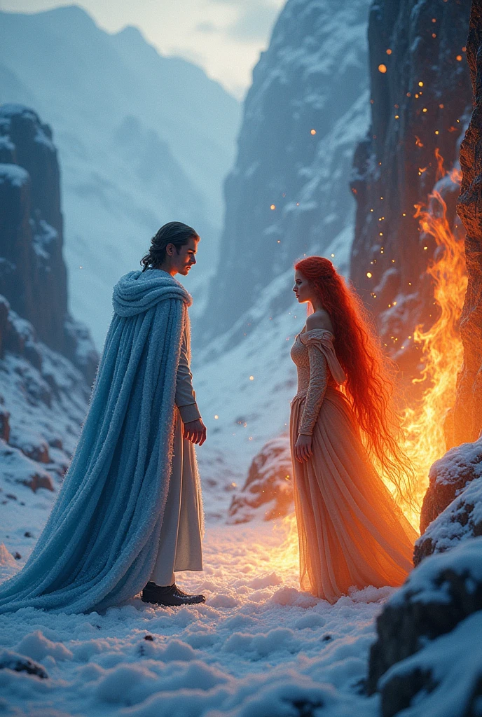 Young and handsome prince of darkness and ice fighting the red-haired prince of fire in Jötunheim for the red-haired princess.