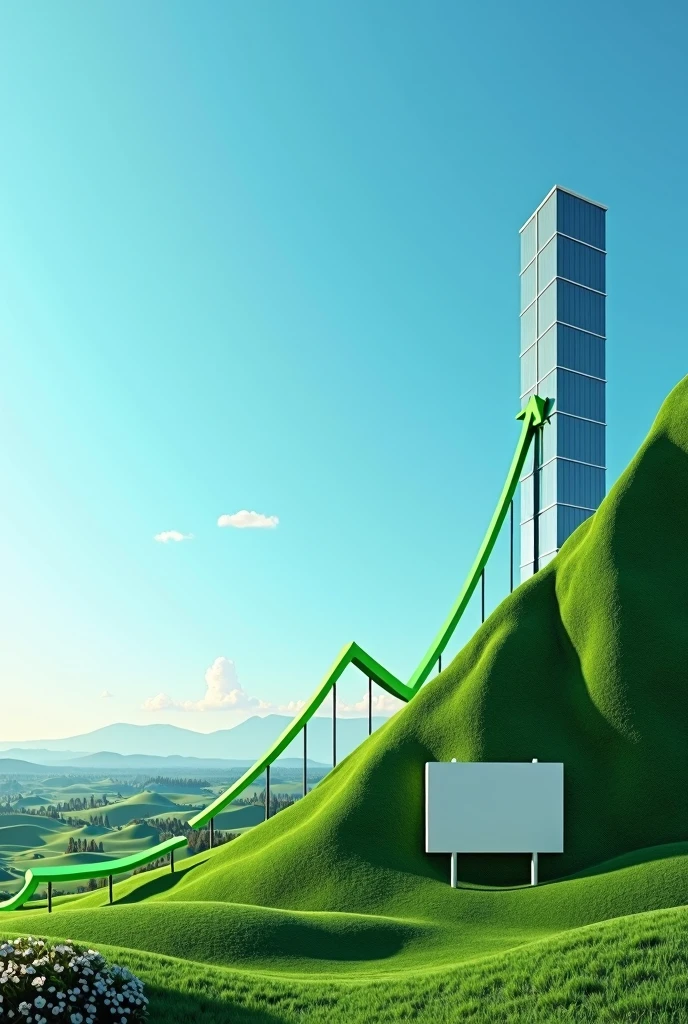 A financial growth graph with a building in proportion to the graph at the top, next to a background of land and a square sign without content on the side , realistic image