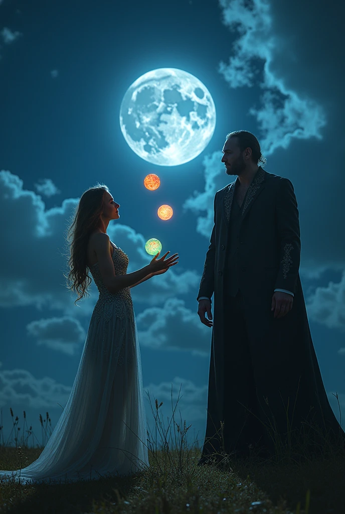 Un clair de lune avec des nuages. Une femme devant qui jongle avec 3 boules et une personne de taille
