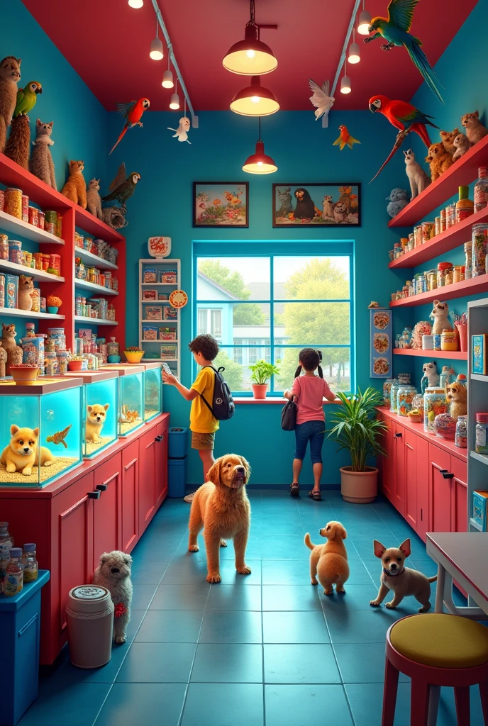 images of a pet shop in blue and red and seen from several different angles