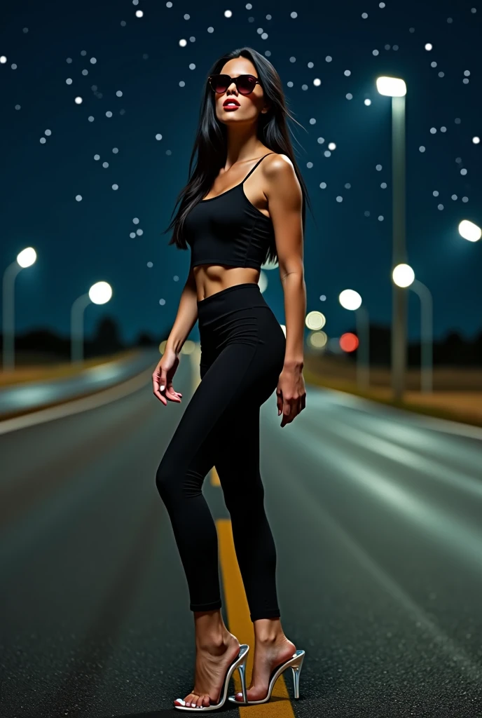 Stunning sexy black haired young woman in hot pants walking on transparent high heels on an empty highway at night with sun glasses red big lips big boobs and her mouth open and her tongue likicking her lips